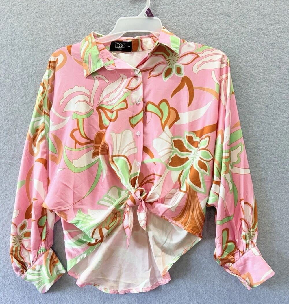 Floral Satin Button Down Long Sleeve Blouse Preppy Boho Pink Small Italy Artsy